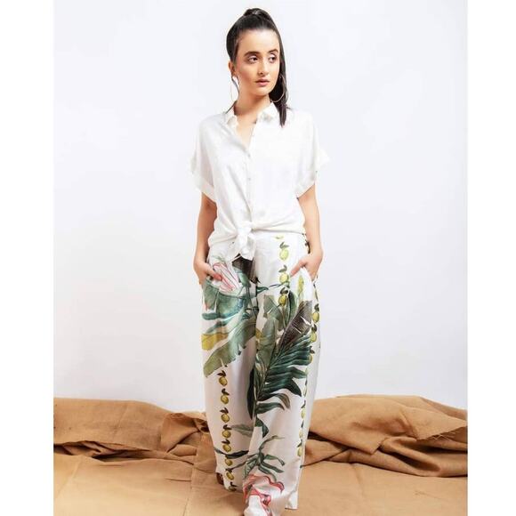 New WHIM NEW YORK Clover Satin Pants $204 SMALL Nimbu Botanical Print - Picture 1 of 5